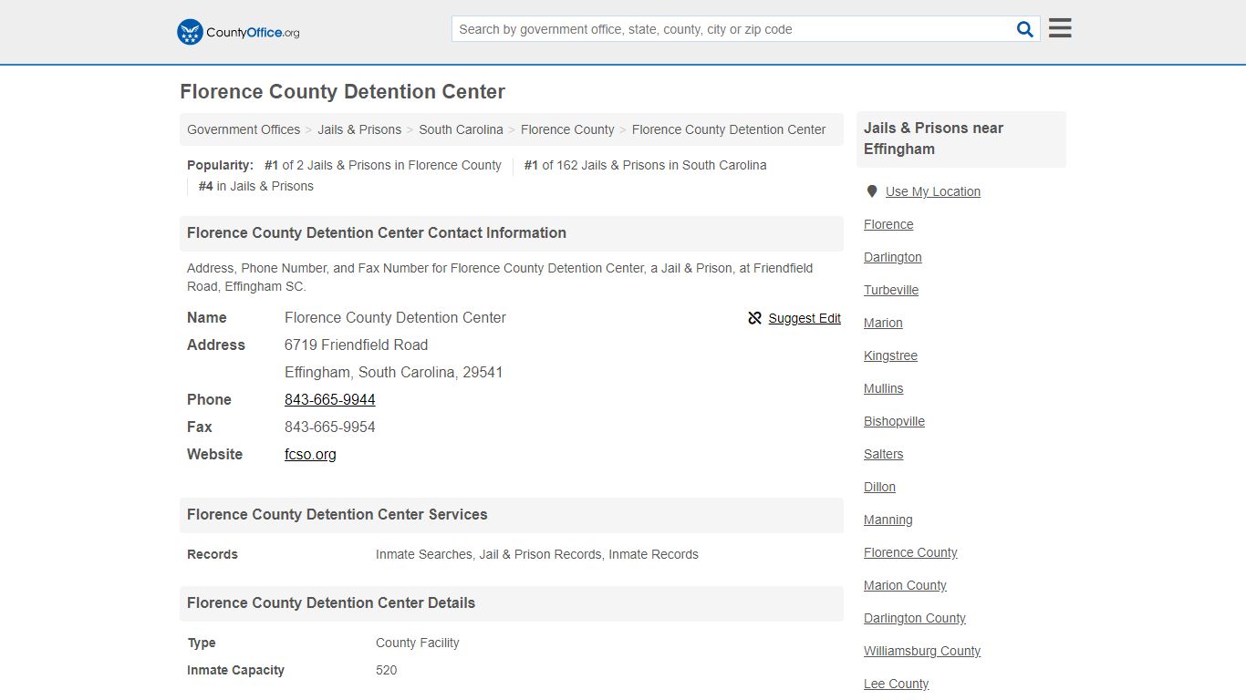 Florence County Detention Center - Effingham, SC ... - County Office